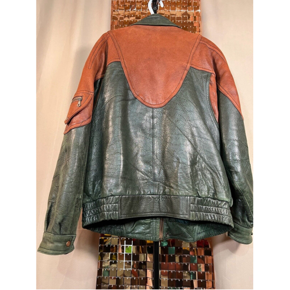 Vintage 80s Modango Brown & Green Leather Bomber Jacket w Shoulder Pads Size XL - Picture 5 of 17